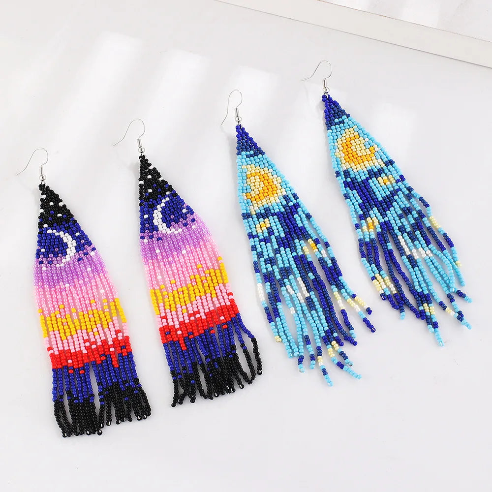 New Design Multiple Moon Tassel Hook Earrings Personalized Ethnic Geometric Colorful Glass Beads Earring for Women Girls Gifts