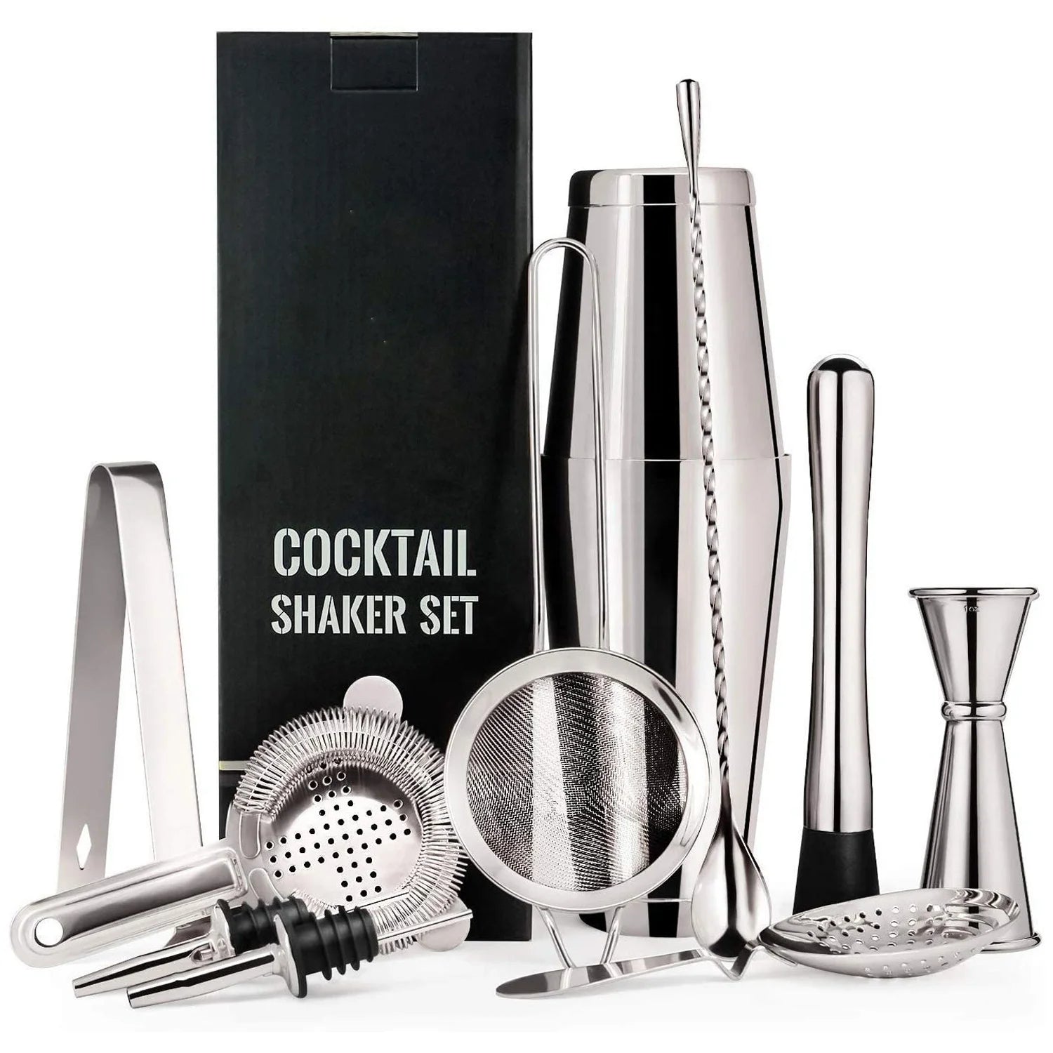 Camol Factory Hot Sale 11 Pieces Stainless Steel Bar Tools Set Factory Direct Stainless Steel Boston Cocktail Shaker