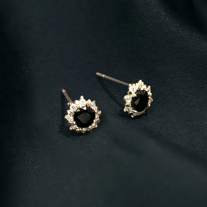 Simple Classical Pure 925 Sterling Silver Black Round Zircon Crystal Stud Earrings for Women Girls