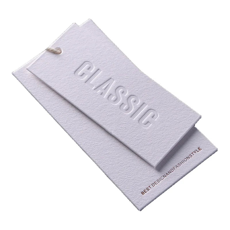 Custom Eco-Friendly Brand Name Tags with Embossed Printing on White Paper Hang Tags for Garment Bags & Shoes