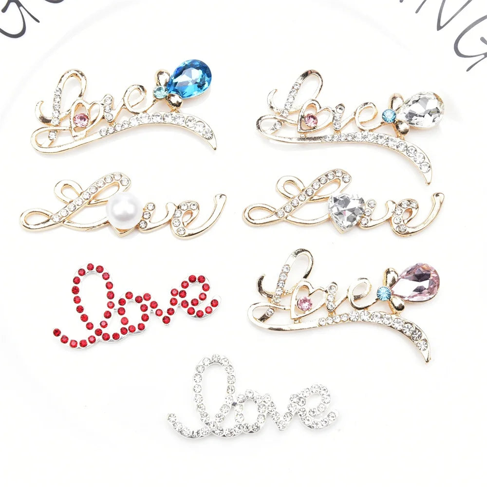 Flat Back Love Heart Rhinestone Buttons Alloy Metal Rhinestone Letter Applique Handmade Accessories for Wedding Decoration