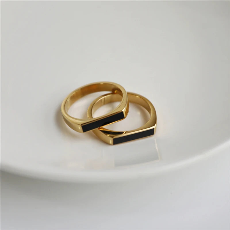 Joolim Jewelry 18K Gold Plated Stainless Steel Enamel D Rings for Women Statement Black Rings MegaBDM