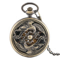 Vintage Style Bronze Double Cranes Mechanical Skeleton Pocket Watch Self Winding Locket Watch With Fob Chain for Men Gift