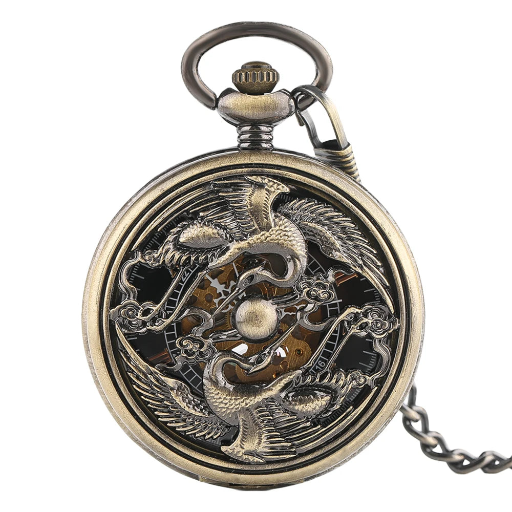 Vintage Style Bronze Double Cranes Mechanical Skeleton Pocket Watch Self Winding Locket Watch With Fob Chain for Men Gift
