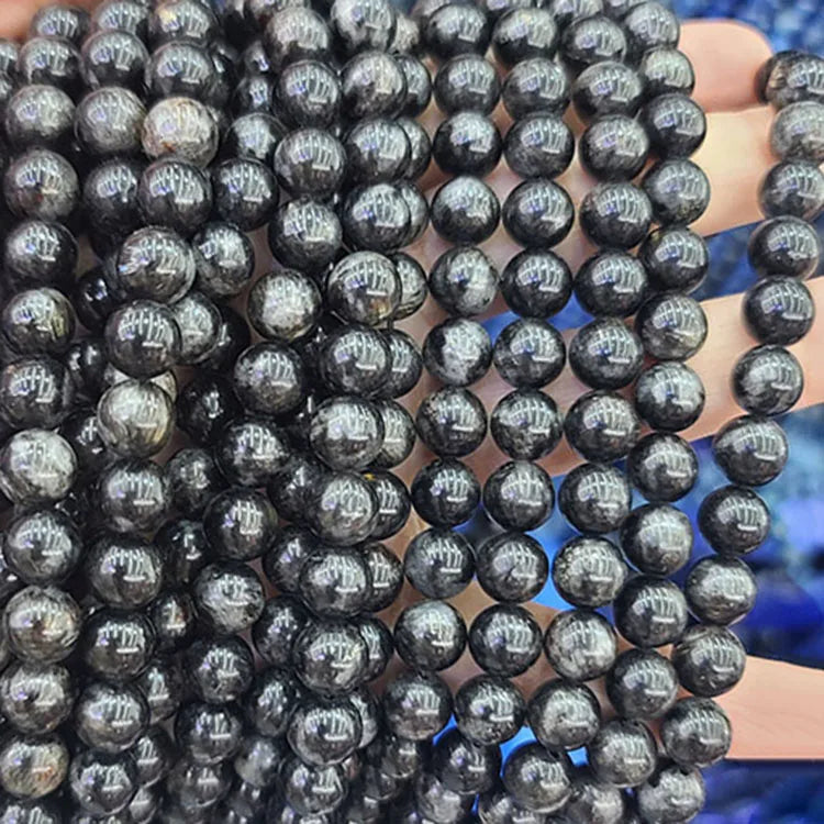 SB7178 Genuine Natural Gemstone Black Arfvedsonite Astrophyllite Beads