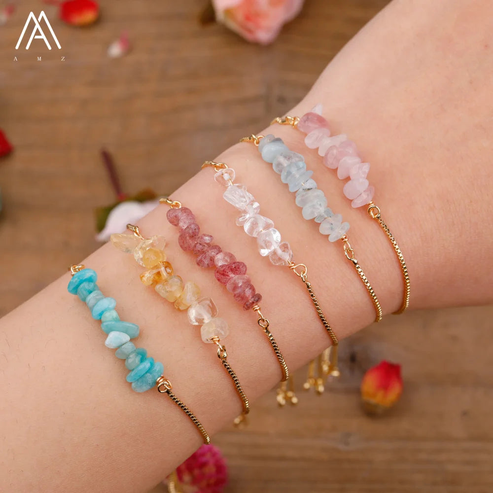 Simple Gold Chain Bracelet  Chip Beads  Tumbled Gemstone  Boho Jewelry  Gift to Her