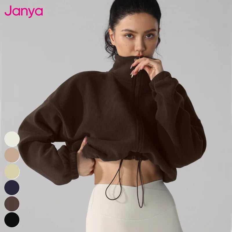 Janya Casual Sportswear Warm Polar Fleece Yoga Jacket With Stand Collar Long Sleeve Full Zipper Fitness Workout Casual Outings
