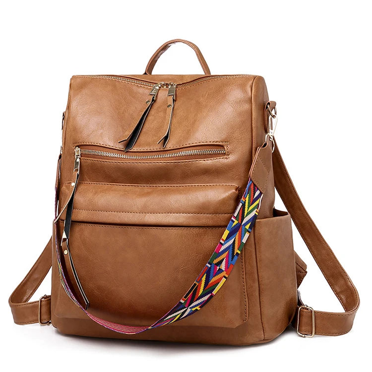 Large Capacity Retro Vintage Leather Backpack for Women Zipper Closure Geometric for School Travel Leisure Laptop Storage
