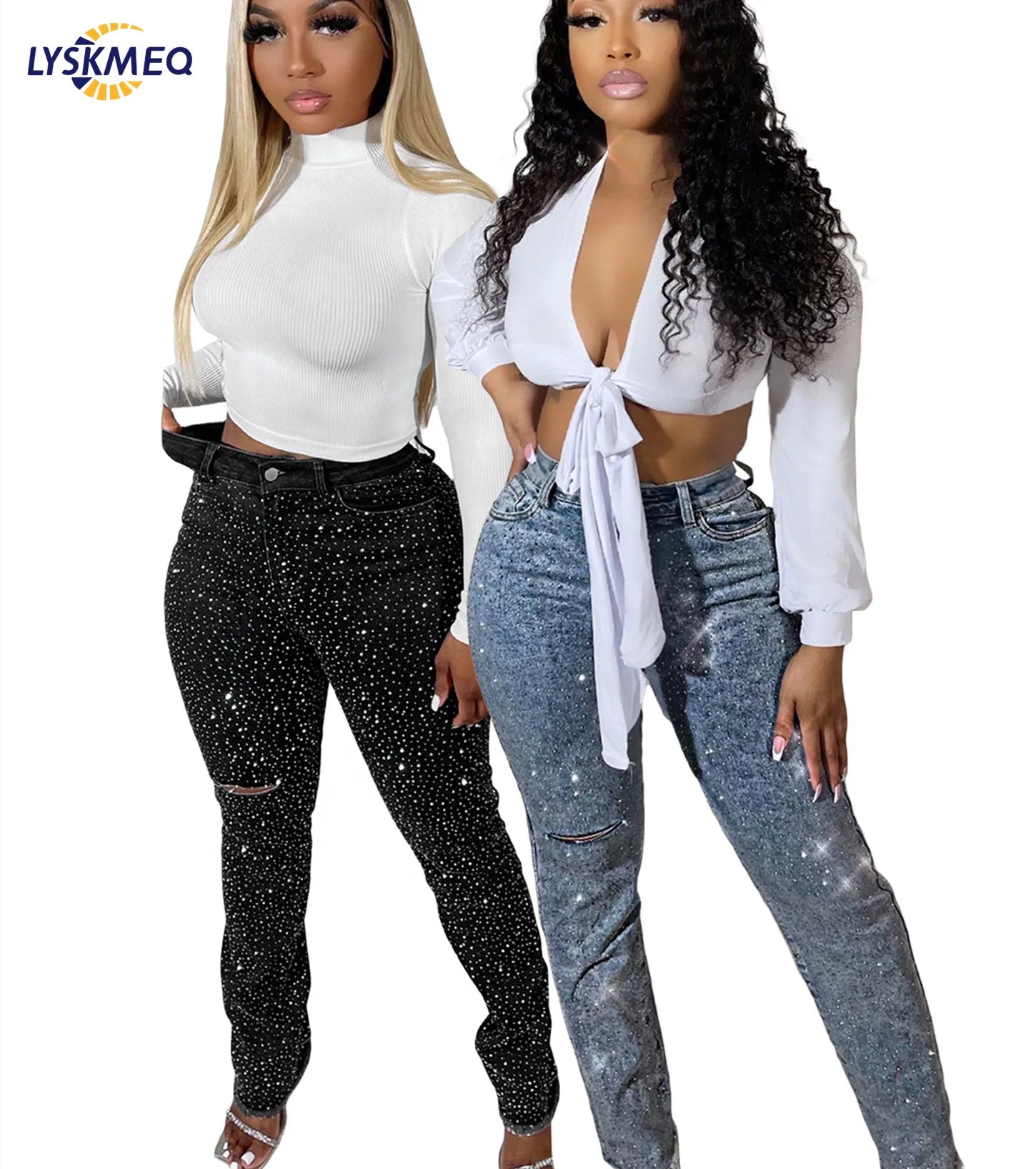 2025 New Arrival Fall Jeans for Women Diamonds Pants Stretch High Waist Distressed Pockets Denim Women's Skinny Jeans Trousers