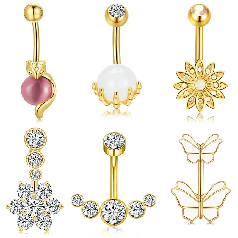 Gold Plated Stainless Steel Cute Opal Skull Design Cut Zircon Ball-shaped Navel Belly Piercing Rings for Wedding Engagement