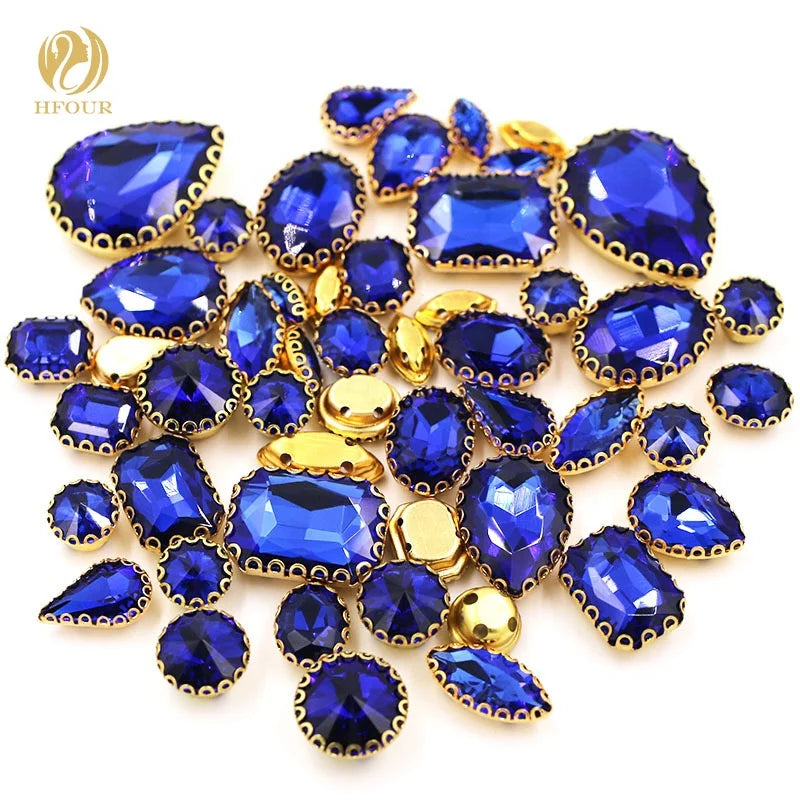 Hot Sale Royal Blue 3D Sew-on Glass Rhinestones Mixed Shape Loose Rhinestones with Lace Claw for Jewelry
