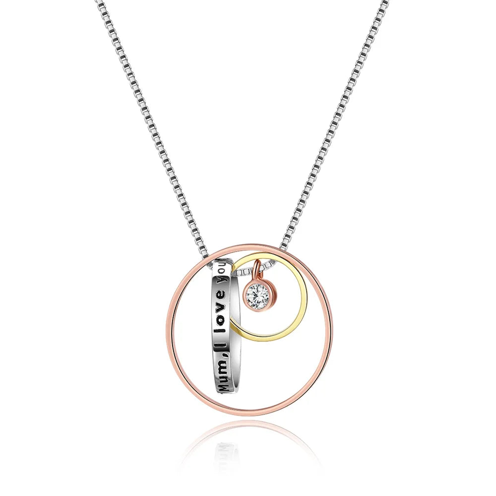 925 Sterling Silver 3-Tone Circle Pendant Necklace Trendy Neckpiece Zircon Stone Rhodium Birthday Gift for Mother for Parties