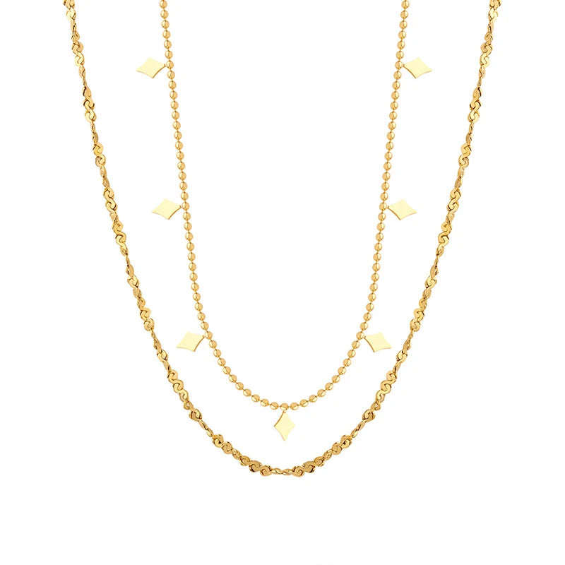 Ins Stainless Steel Stylish Rhombic Shaped Tassel Sequin Double Layered Titanium Steel Necklace Waterproof Bead Chain Necklace