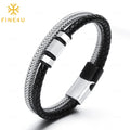 2024 Trendy Mens Fashion Jewelry Braided Stainless Steel Clasp Custom Logo Unisex Leather Bracelet