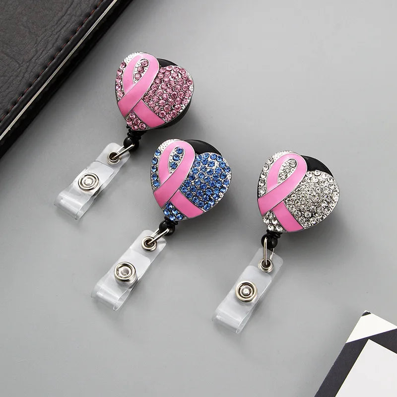 Heart Shape Crystal Ribbon Breast Cancer Retractable Id Badge Reel