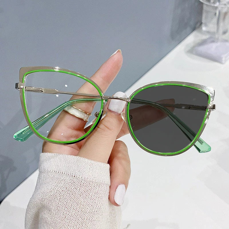 Retro Decorative Cat Eye Sunglasses with Photochromic Lenses Color Changing Sun Glasses Green Purple Red Blue Pink Metal Frames