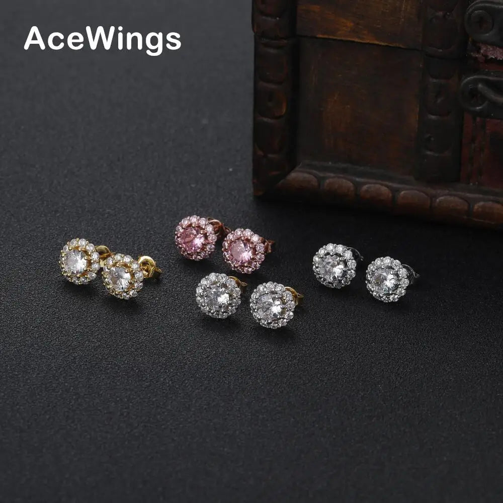 AceWings E038 Geometric Gold Plated Cubic Zirconia Stud Earrings Brass Setting Hip Hop Iced Out Anniversary Men Women
