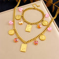 Stainless Steel 18k Gold Plated Queen and Flower Heart Charm Jewelry Set Non Tarnish Thick Chain Necklace Bracelet Set