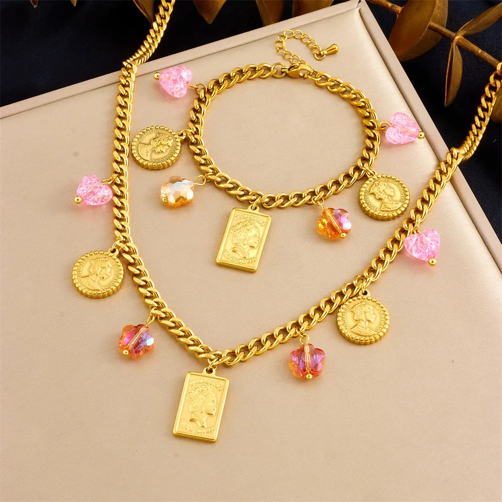 Stainless Steel 18k Gold Plated Queen and Flower Heart Charm Jewelry Set Non Tarnish Thick Chain Necklace Bracelet Set