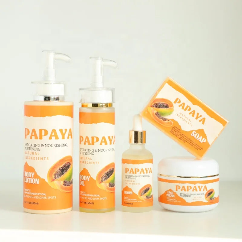 Private Label Skincare Beauty 5 Pcs Papaya Set Whitening Serum Moisturizing Cream Organic Papaya Lotion Message Oil