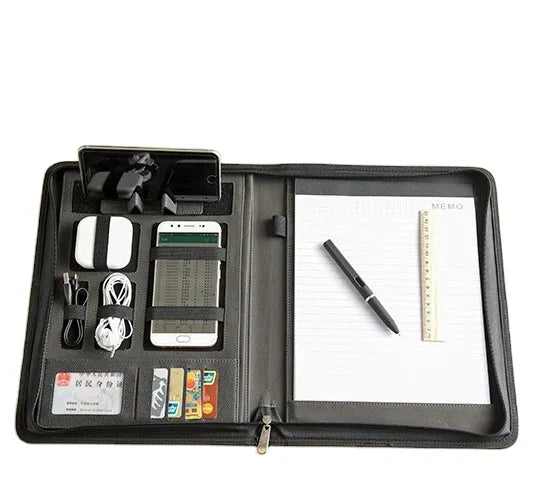 Zipper Conference Folder Cover Black Personalized A4 A5 B5 Portfolio Customized PU Genuine Leather Padfolio Note Pad Phone Hold
