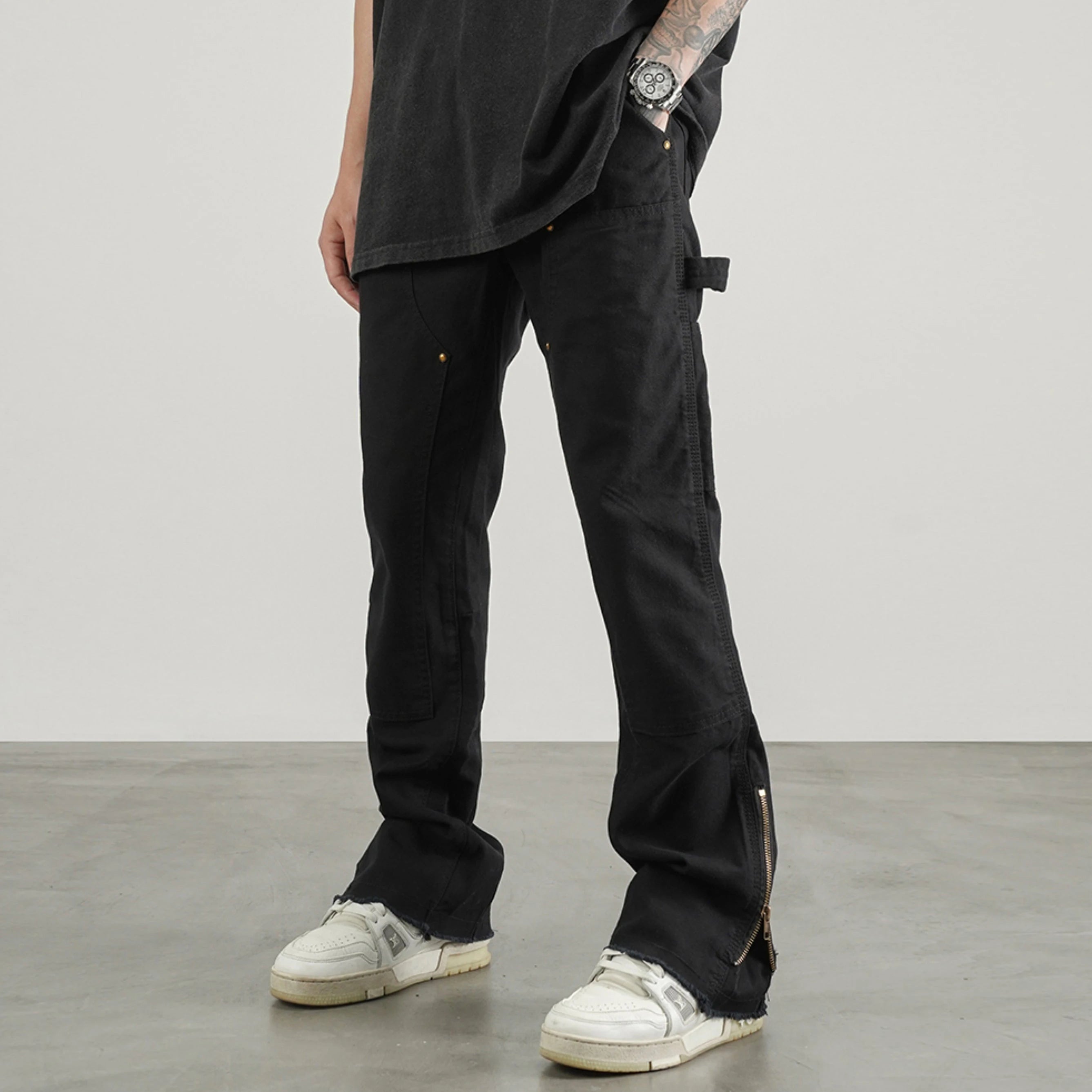 OEM Streetwear Trousers With Side Pocket Custom Twill Cotton Plain Black Patchwork Zip Split Hem Design Men's Flare Leg Pants