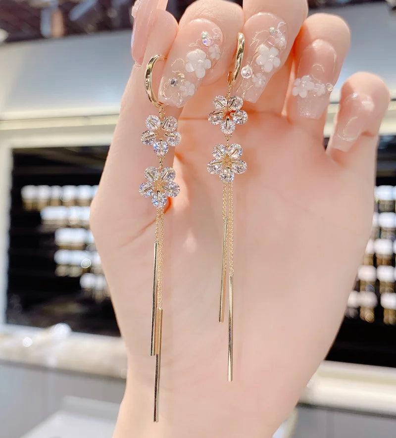 Luxury Brass Plated Gold S925 Silver Needle Stud Earrings Zircon Double Flower Earring Long Tassel Earrings for Women