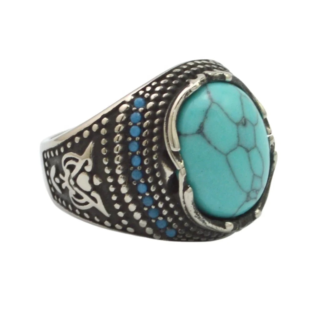 Fashion High Quality Retro Personality Punk Trend Jewelry Stainless Steel Round Blue Stone Rings for Man