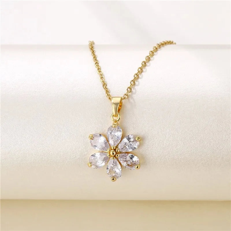 Crystal Zircon Flower Wedding Jewelry for Women Gold Color Stainless Steel Clavicle Chain Necklaces Female Gift Fashion