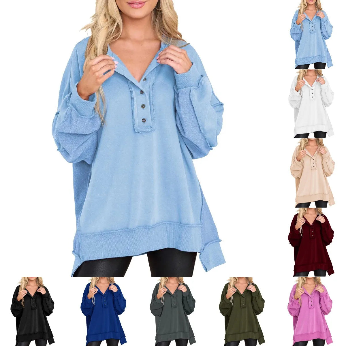 Women's Oversized XXL Silk Sweater Casual Long Sleeve Button Henley Neck Pullover Tunic Tops Winter Sweatshirt Wholesale Outfits