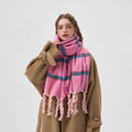 Landfond Classic Polyester Winter Women's Hand-knotted Tassel pink Style Plaid Scarf Warm Thick 205x50cm Daily Use