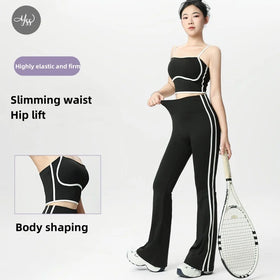 Ladies Workout Dance Wear One Shoulder Crop Top Fold Over Waist Flare Pants Pilates Yoga Wear Suit Gym Fitness Set