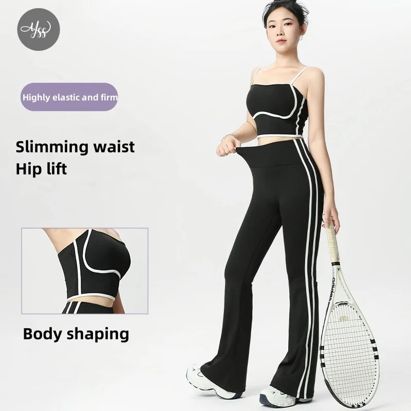 Ladies Workout Dance Wear One Shoulder Crop Top Fold Over Waist Flare Pants Pilates Yoga Wear Suit Gym Fitness Set