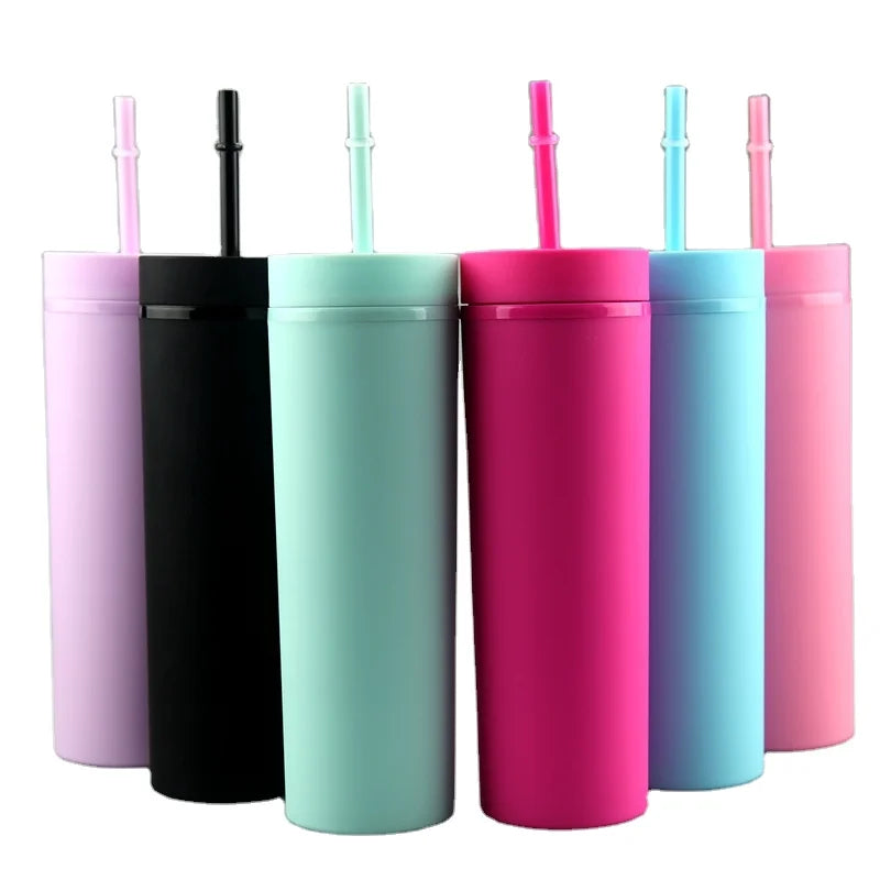 RTS Wholesale Pastel Tumbler Double Wall Macarons 16oz Skinny Matte Acrylic Matte Tumblers With Straw