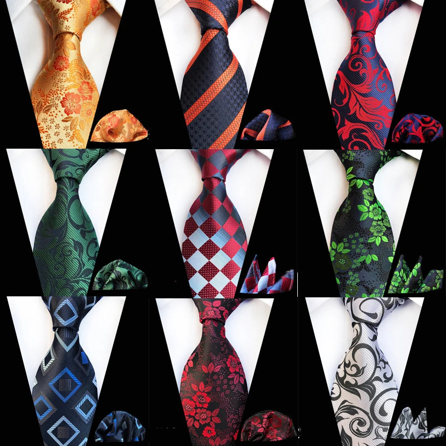 Silk Men's Tie Set Green Red Floral Plaid Jacquard Pocket Square Men Tie Set