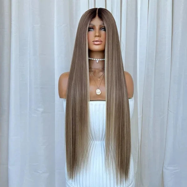 Long 30 Inches Ash Brown Highlight Bleached Invisible Knots Real Raw Cuticle Aligned Human Hair Lace Front Wigs With Brown Root MegaBDM
