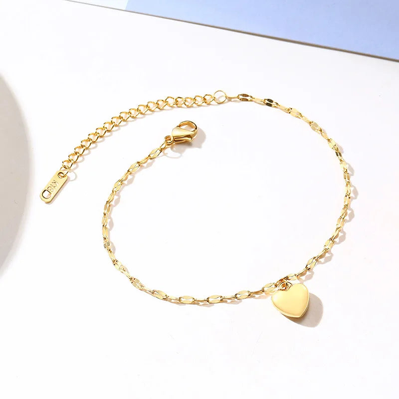 18k Gold Plated Dainty Jewelry Adjustable Stainless Steel Heart Link Bracelet Anklet