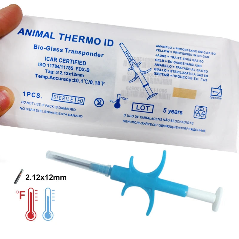 134.2kHz Animal ID Microchip Pet Tag 2.12x12mm RFID Temperature ISO11784/5 FDX-B Glass Tube Thermo Chip Implant for Cats Dogs