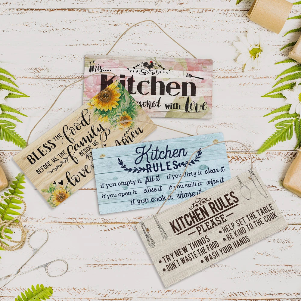 New Arrival Kitchen Rules Please Wooden Wall Sign Rectangle Wood Hanging Kitchen Coffee Bar Decor