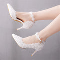 Wholesales Beaded Wedding Shoes Bridal Lace Flower Pointed Toe High Heels Shoes for Women Buckle Strap Party Women's Pumps