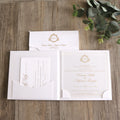 Custom White Hardcover Gate Fold Gold Foil Initials Frosted Acrylic Cards Invitations with RSVP Pocket Envelope