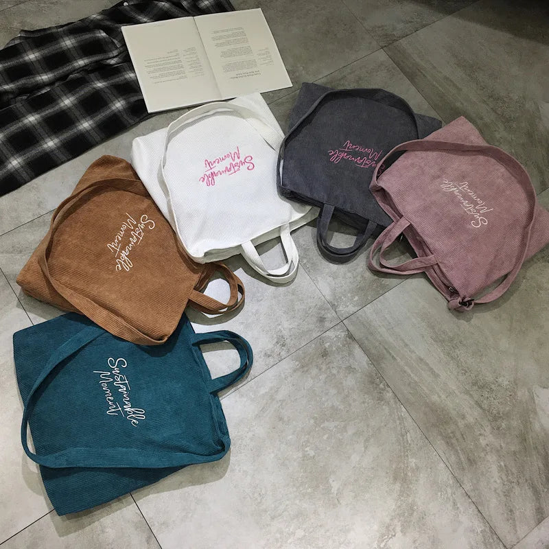 Eco-friendly Corduroy Handbags With Embroidered Letters Canvas Foldable Tote Bag With Zipper