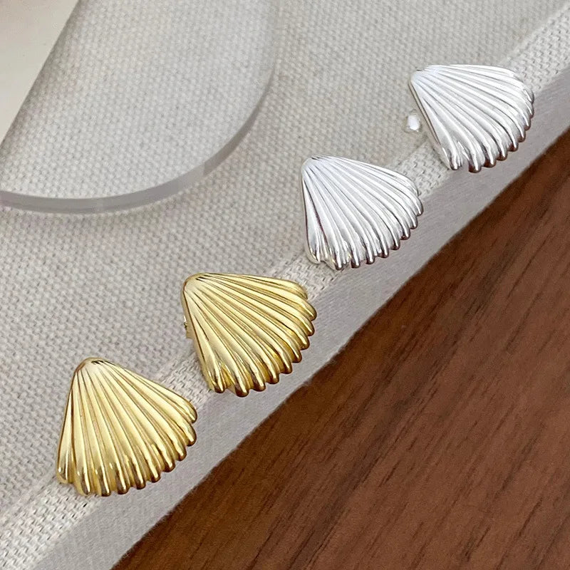 Luxury Vintage Fine Jewelry S925 Silver Needle Shell Stud Earrings Diamond Inspired Fashion Fan Shaped Texture Pearl Brass Niche