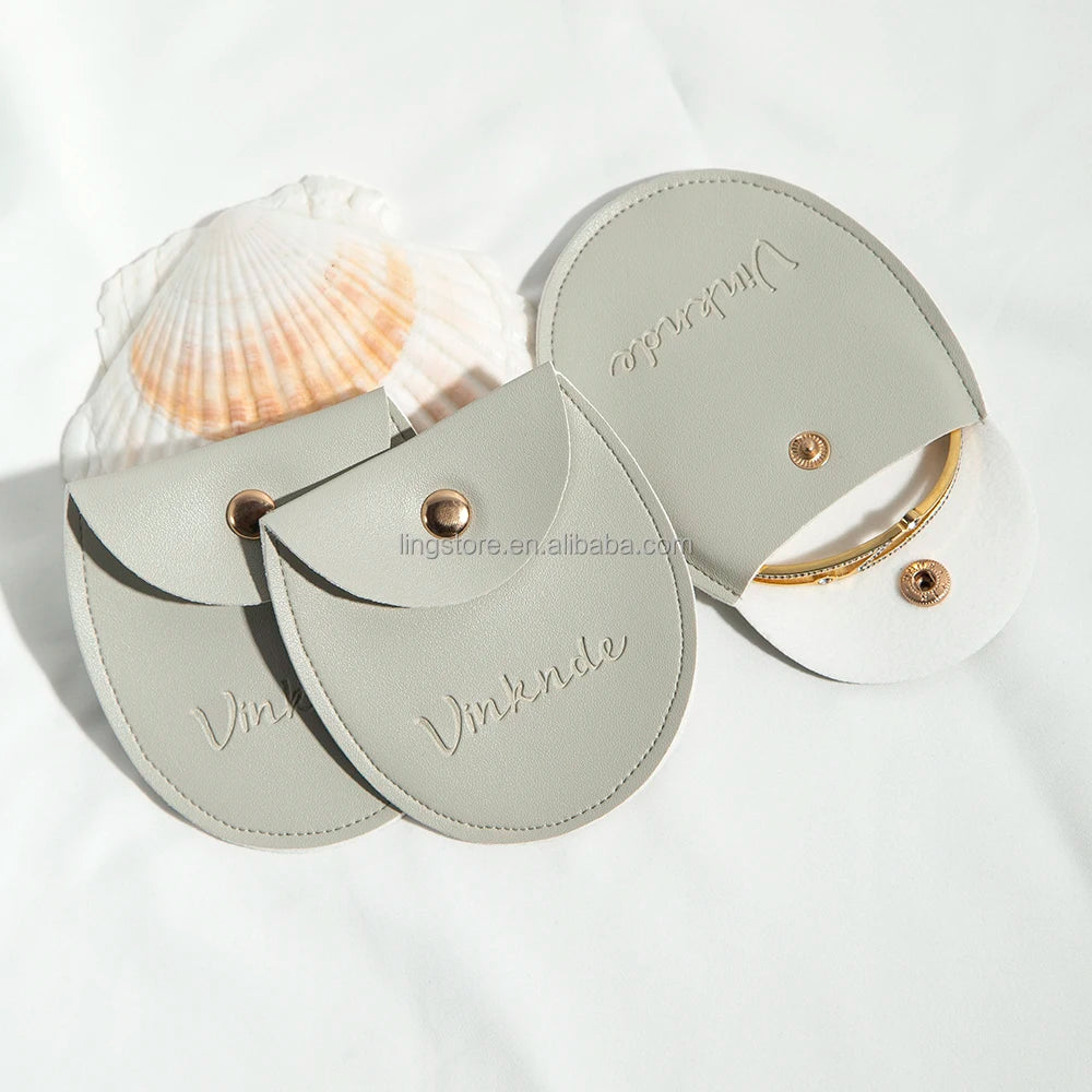 7.8x8.5 cm Grey Luxury Oval Gift Jewellery Bag Pearl Pendant Pu Leather Snap Jewelry Pouch Pocket with Gold Button Bead Package