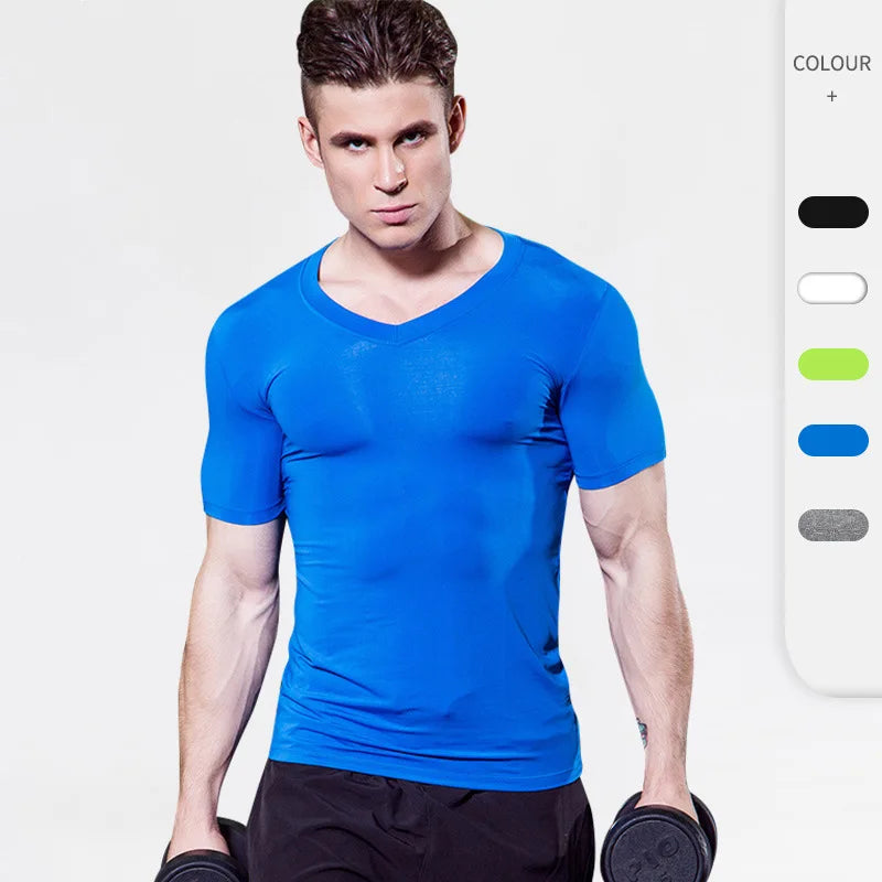 Men's Skinny Compression V-Neck Short Sleeve T Shirt Gym Running Sports Training Shirt High Elastic Quick Dry T-Shirt Clothes