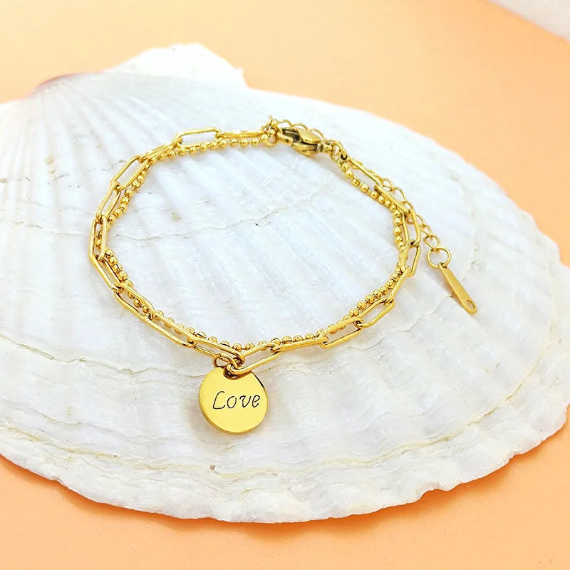 Women's Custom Letter 18K Gold Plated Stainless Steel Romantic Love Heart Pendant Chain Link Bracelet Fashion Multi-Layered Gift