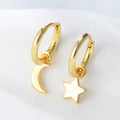 New Korean Personality Trend 925 Sterling Silver Gold Plated Asymmetrical Star Moon Charm Hoop Earrings for Women