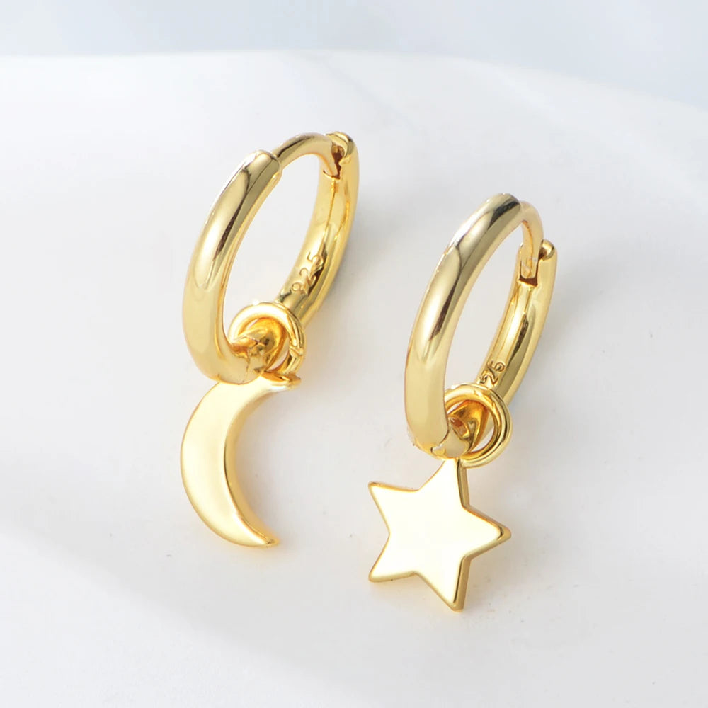 New Korean Personality Trend 925 Sterling Silver Gold Plated Asymmetrical Star Moon Charm Hoop Earrings for Women