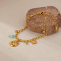 18K Gold Plated Vintage Religious Pendant Bracelet Stainless Steel with Amazonite Shell Star Crystal Inlaid Blue Color