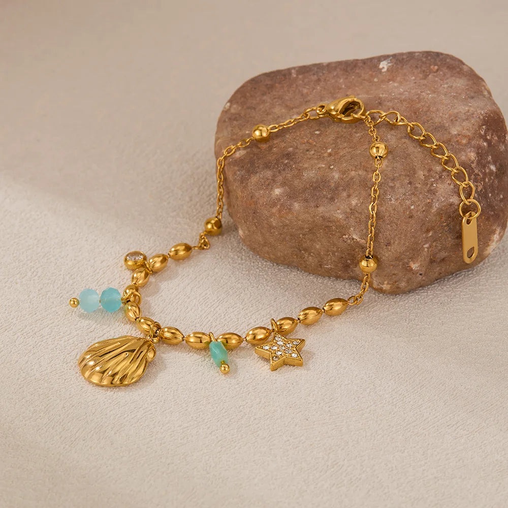 18K Gold Plated Vintage Religious Pendant Bracelet Stainless Steel with Amazonite Shell Star Crystal Inlaid Blue Color